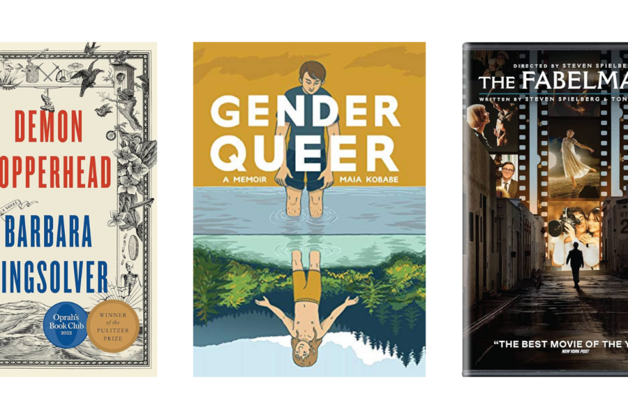 Book covers of Demon Copperhead, Gender Queer, and The Fabelmans