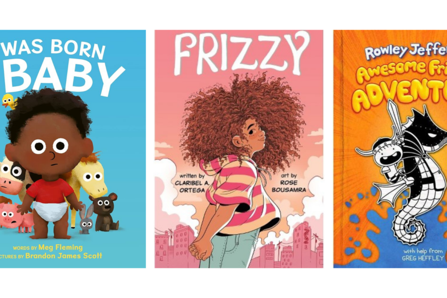 Covers of I was Born a Baby, Frizzy, and Rowley Jefferson’s Awesome Friendly Adventure