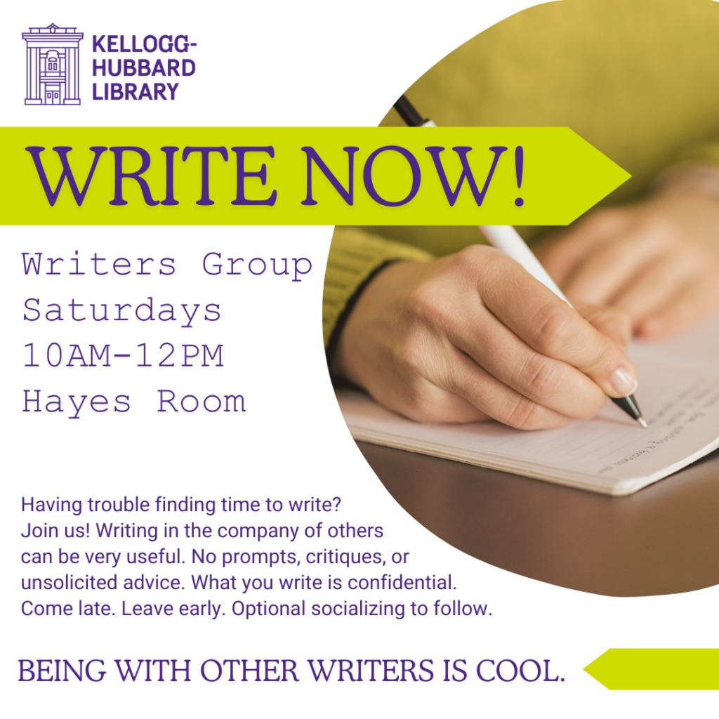 Advertisement for the Write Now! program at Kellogg-Hubbard Library