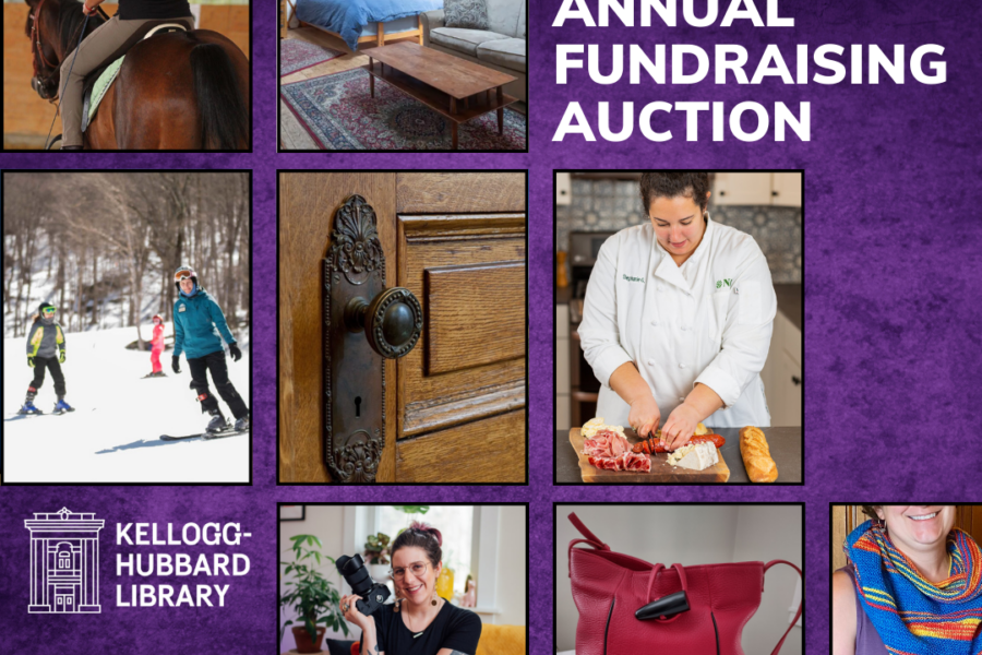 A photo collage of items that are part of this year's auction including: a horseback riding lesson, a weekend stay in a yurt, skiing, cooking class, photographer session, leather handbag, and a handknit shawl.