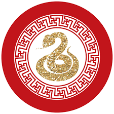 Image of a gold snake encircled by red designs and a thick red band.