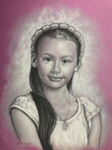 Black and white drawing of a girl slightly smiling with a pink background.