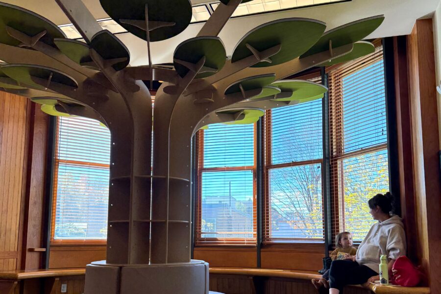 Pictured: Elaine and Maeve enjoy the latest addition to the Children's Library, our brand-new reading tree.