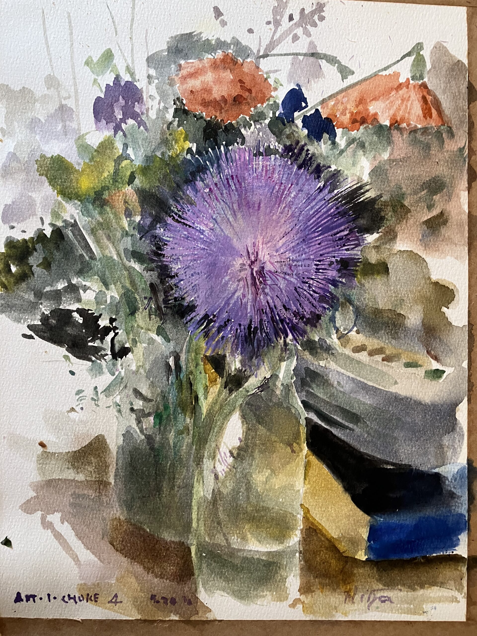 Painting of flowers in a vase.