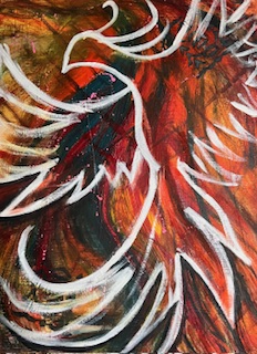 Bird in flight outlined in white over orange hue background
