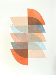 Abstract print with repeating patterns in orange and blue.